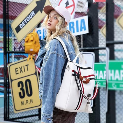 Fashion PU Leather Backpack Purse for Women Travel Backpack Bag with Tassel Ladies Shoulder Handbags Casual Daypack - color: White