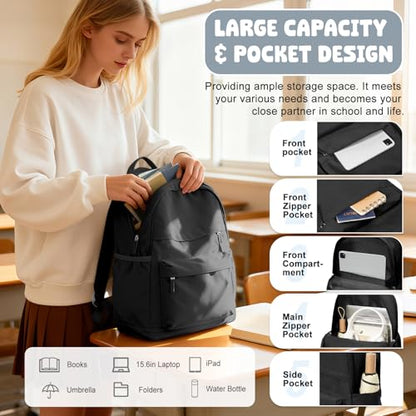 VECAVE School Backpack Black College High School Bags backpack for Boys Girls Teens Waterproof Bookbag Casual Lightweight Travel Rucksack Daypack Backpacks for Men Women