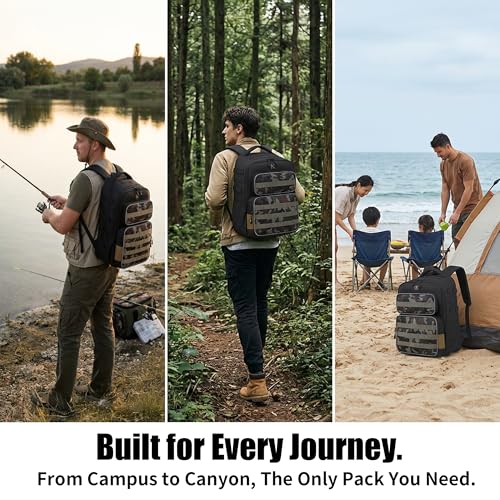 35L Tactical Fishing Backpack, Waterproof Tackle Backpack with 2 Rod Holders and 50+UV Protection Arm Sleeves,2LB Lightweight Fishing Bag, Daypack for Hiking, Hunting, Camping - color: Black Camouflage, style: With Arm Sleeves