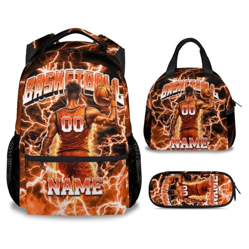 UNIKITTY Boys Basketball Backpack Set, Personalized School Backpack with Lunch Box & Pencil Case – 17 Inch Large Capacity Basketball Bookbag, Water Resistant for Kids Teens Elementary & Middle School - color: Orange
