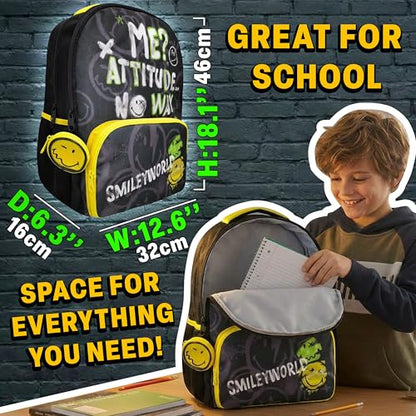 Get Trend Smiley World Kids Backpack for Boys, 18 inch Book Bag with Adjustable Padded Straps, Travel School Bag, Kids Gifts (Yellow/Multi Smiley) - color: Yellow/Multi Smiley