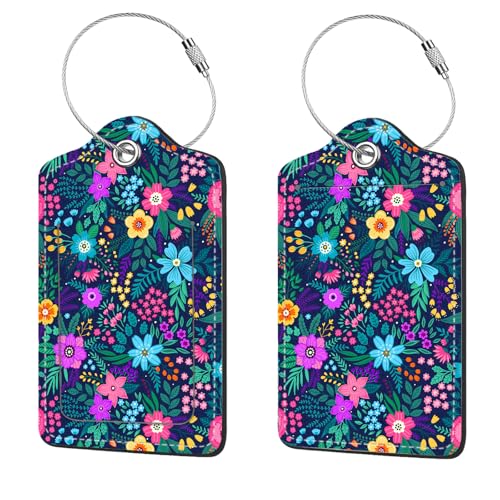 2 Pcs Luggage Tags for Suitcase, Cute Unique PU Leather Travel Bag Tag with Privacy Cover ID Label Address Card and Durable Metal Ring Suitable for Men Women Children Backpack,Purple Flowers - color: Purple Flowers
