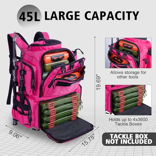 Goture Fishing Backpack,900D Water-Resistant Tackle Backpack with Rod Holders,45L Large Fishing Bag Storage Gear Tackle Bag with Rain Cover,Bottle Holder for Travel Camping Hiking(Without Tackle Box) - color: 45L Pink with Bottle Holder