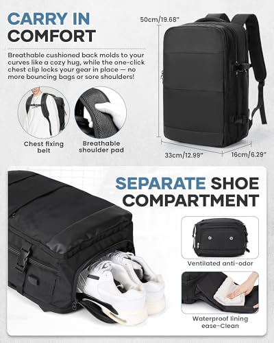 BOXSAM Vacuum Travel Backpack with Pump for Women Personal Item Carry on Backpacks 18x14x8 inches Flight Approved Laptop Waterproof Work Compression bags Casual Daypack Black - color: A1-black