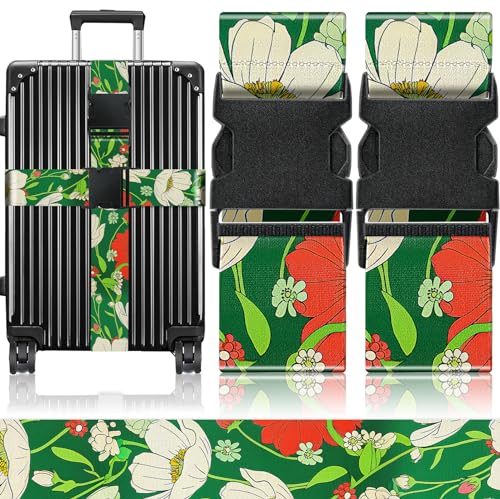 Slohif Luggage Straps for Suitcases Travel Belt Accessories Luggage Connector Identifiers Over Handle with Buckle Unique Nylon Adjustable Strap for Sleeping Bag Car Seat Green(2 Pack) - color: White Flower