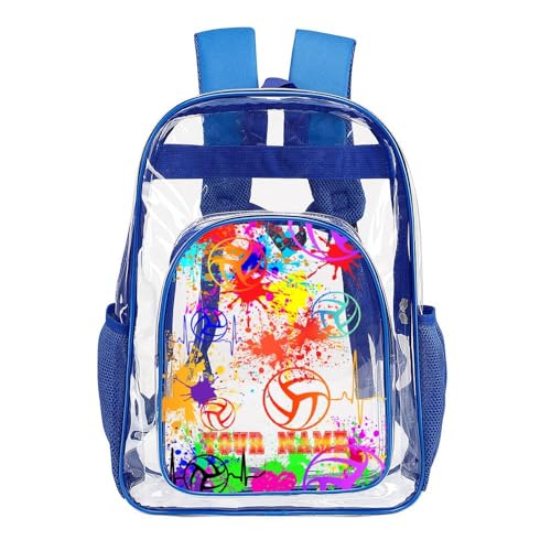 Custom Volleyball Clear Backpack Heavy Duty for Girls Kids Boys | Large Cool PVC Volleyball Theme Printing Transparent Backpacks for Schools Stadium Concerts Work - Clear/Blue - color: Volleyball Clear Backpack 1 Blue With Front Pocket Custom