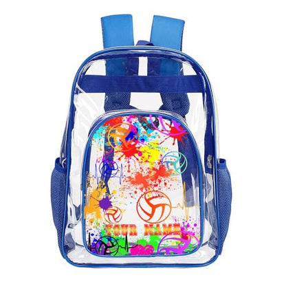 Custom Volleyball Clear Backpack Heavy Duty for Girls Kids Boys | Large Cool PVC Volleyball Theme Printing Transparent Backpacks for Schools Stadium Concerts Work - Clear/Blue - color: Volleyball Clear Backpack 1 Blue With Front Pocket Custom