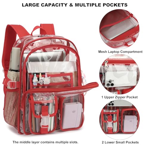 Clear Backpack Heavy Duty Transparent Backpacks Stadium Approved for School Work Sport Travel (Red) - color: Red