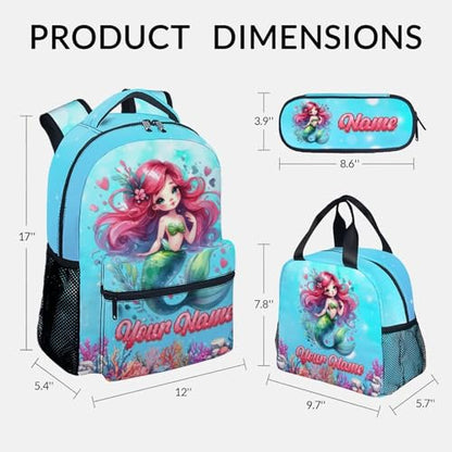 Mercuryelf Personalized Mermaid Backpack for Girls 3PCS Kids Backpack Set with Lunch Bag & Pencil Case, 17 Inch School Bookbag for Elementary Kindergarten - color: Black