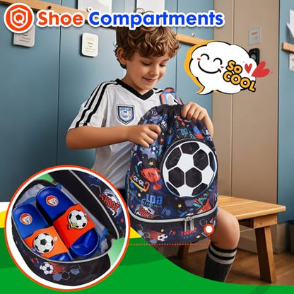 Drawstring Backpack for Kids Girls, Cute Cartoon Football Waterproof Drawstring Bag String Swim Gym Sports Beach Bag with Shoes Compartment and Wet Proof Pocket - color: J08. Soccer