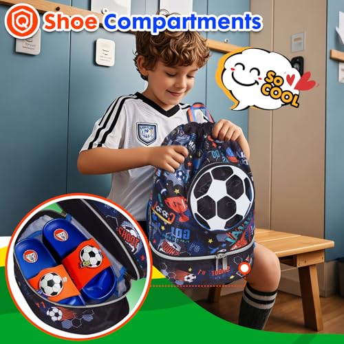 Drawstring Backpack for Kids Girls, Cute Cartoon Football Waterproof Drawstring Bag String Swim Gym Sports Beach Bag with Shoes Compartment and Wet Proof Pocket - color: J08. Soccer