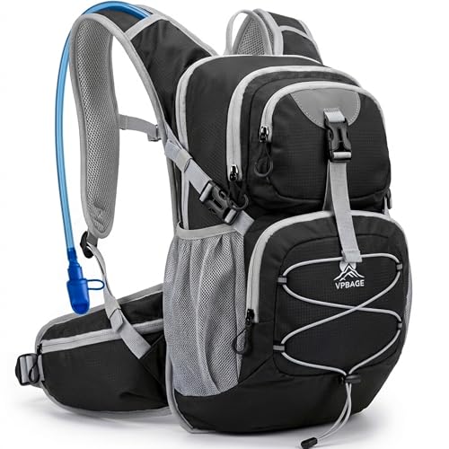 VPBAGE Hydration Backpack with 2L Bladder – Thermal Insulated Water Pack for Hiking, Skiing, Running – Lightweight Daypack for Men & Women, Soft-Lined Sunglasses Pocket & Large Waist Pockets - color: Black