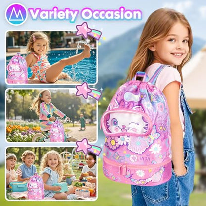Drawstring Backpack for Kids Girls, Cute Cartoon Cat Waterproof Drawstring Bag String Swim Gym Sports Beach Bag with Shoes & Sunglasses Compartment and Wet Proof Pocket - color: J12. Cat