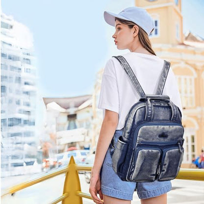Angel Kiss Backpack Purse for Women Soft Washed Leather Multi Pocket Casual Travel Backpacks… - color: Navy-blue