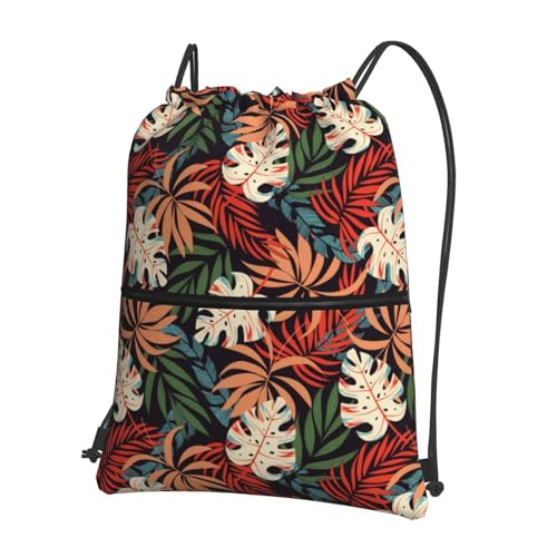JOOCAR Tropical Leaf Drawstring Bag Summer Backpack Draw String Bags Waterproof Lightweight Sports Gym Beach Sackpack Zipper Pocket for Men Women - color: B4