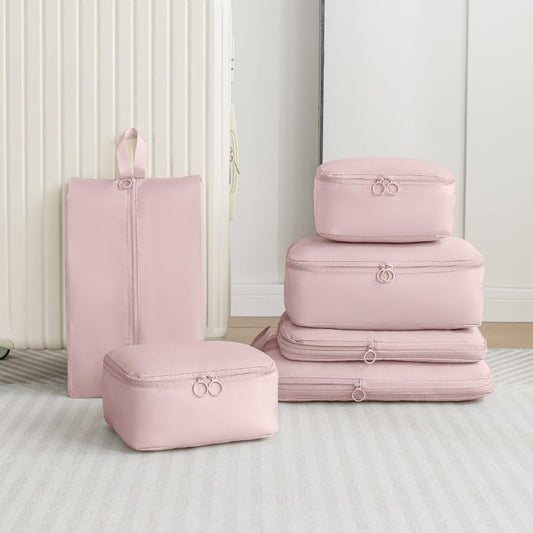 6 Set Packing Cubes Compression Bags for Travel, Waterproof Luggage Organizer, Travel Essentials for Cruise Vacation, Pink - color: Pink