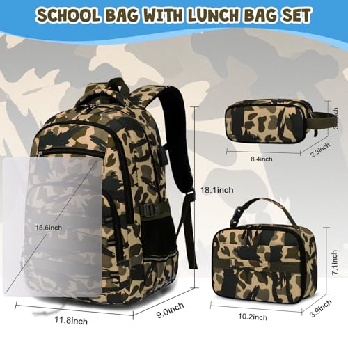 ACESAK Camo Backpack for Boys, Tactical Kids Backpack Boys, School Bags for Boy Children Teens Kids Elementary Middle High School, Military Bookbag and Lunch Bag Pencil Case Set with USB Charging Port - color: Green Brown