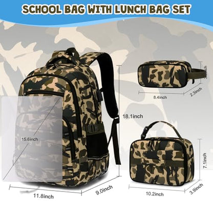 ACESAK Camo Backpack for Boys, Tactical Kids Backpack Boys, School Bags for Boy Children Teens Kids Elementary Middle High School, Military Bookbag and Lunch Bag Pencil Case Set with USB Charging Port - color: Green Brown
