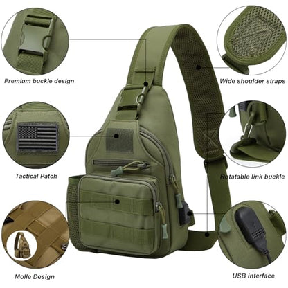 ZHIERNA Tactical Crossbody Bag for Men with Water Bottle Holder, MOLLE EDC Shoulder Sling Chest Bags with USB Charging Port for Travel Walk(Army Green) - color: Army Green