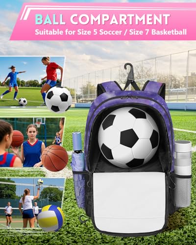 MATEIN Girls Soccer Backpack with Ball Holder, Shoe Compartment, Fence Hook - color: Galaxy Purple