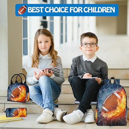 3PCS Backpack for Boys Girls, Kids Football Back to School Backpack Sets with Lunch Bag Pencil Case, 17 Inch Lightweight Bookpack 3 in 1 Set for Teens Elementary Middle High School Students - color: Water Fire Football