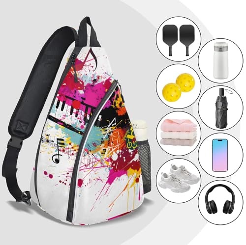 Pickleball Bag for Women Men Adjustable Crossbody Sling Backpack Hold Pickleball Paddle Water Bottle - color: Multicolor 19