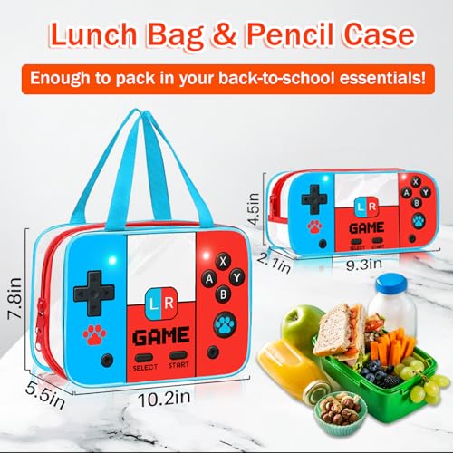 SHPMXUPW 3PCS Clear Backpack for School - Gamer Kids Clear Backpacks for Boys and Girls, Heavy Duty Transparent Bookbag with Lunch Bag and Pencil Case - See Through PVC Transparent Bookbag - color: Blue-Game over