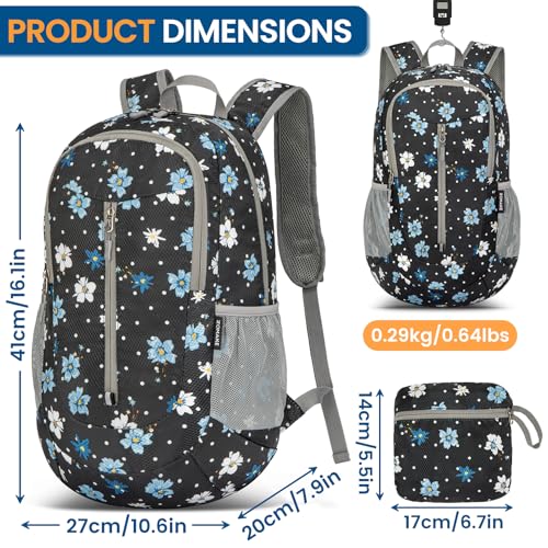 ZOMAKE Ultra Lightweight Packable Backpack 25L, Foldable Hiking Backpacks Water Resistant Small Folding Daypack for Travel(Black, White Polka Dot Floral) - color: Black, White Polka Dot Floral