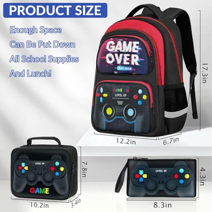 School Backpack for Boys - 3pcs Gamer Boys Backpack with Lunch Box Set for Kids Teens Elementary Middle School - 17″ Video Game Bookbag Travel Back Pack for Age 6-18 - color: Gamer Red-backpack Set