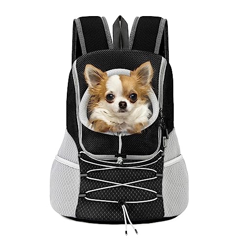 Pawaboo Pet Dog Carrier Backpack, Puppy Dog Travel Front Carrier for Small Medium Dogs Cats, Adjustable Breathable Dog Carrying Backpack with Safety Strips for Hiking, Walking (Black M Up to 10 lbs) - color: Black + Grey, size: Medium (Up to 10 lbs)