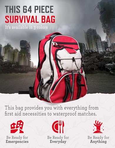 ReadyWise Emergency Survival Gear – Tactical Military Backpack, Camping Essentials Bug Out Bag & Survival Kit, Prepper & Hurricane Supplies, Meal Pouches with up to 25 Year Shelf Life, 64 Piece - color: Red