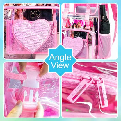 3PCS Pink Clear Backpack, Heavy Duty Transparent Bookbag for Girls Women, Stadium Approved See Through Backpack Set (Pink Sequins) - color: Pink Sequin