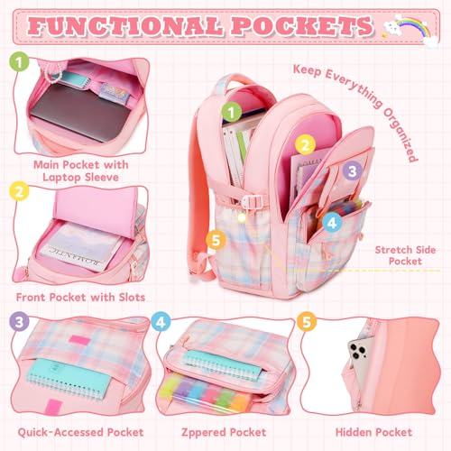MUSEVOS Girls Backpack with Lunch Bag, Kindergarten Elementary Middle School Backpack, Multiple Compartments Large Capacity Kids Bookbag 3 Pcs Set(Pink) - color: Pink-3pcs Set