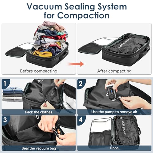 travel inspira Vacuum Compression Backpack 65L, Carry On Backpack with Electric Pump, TSA Lock, Water Resistant, Laptop Compartment for Travel, Camping, Business, Weekend Trips - color: Black Carry on