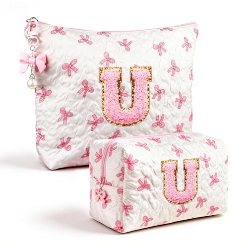 Initial Makeup Bag, Valentines Day Gifts for Women Teens Girls Birthday Gift Personalized Bow Cosmetic Bag, Quilted Cosmetic Travel Toiletry Pouch, Cute Makeup Organizer Teen Girl Gifts Trendy Stuff U - color: U