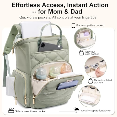 Weitars Diaper Bag Backpack Travel Diaper Backpack, Large Baby Diaper Bag with Changing Pad Baby Bag for Boys Girls, Insulated Pockets, Waterproof Baby Backpack for Mom & Maternity (Green) - color: Green