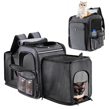 Cat Backpack Carrier,Double Side Expandable Cat Carrier Backpack,Dog Carrier Backpack for Medium Cats and Small Dogs,Puppies Up to 20 Lbs,Pets Carrier Backpack with Breathable Mesh(Grey) - color: Grey + Black Mesh