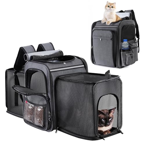Cat Backpack Carrier,Double Side Expandable Cat Carrier Backpack,Dog Carrier Backpack for Medium Cats and Small Dogs,Puppies Up to 20 Lbs,Pets Carrier Backpack with Breathable Mesh(Grey) - color: Grey + Black Mesh