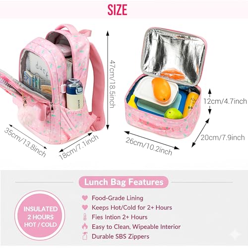 Makukke Girls School Backpack Set, Cute Strawberry Bag with Lunch Box & Pencil Case, Lightweight Durable Bookbag for Elementary Middle - color: Strawberry-pink