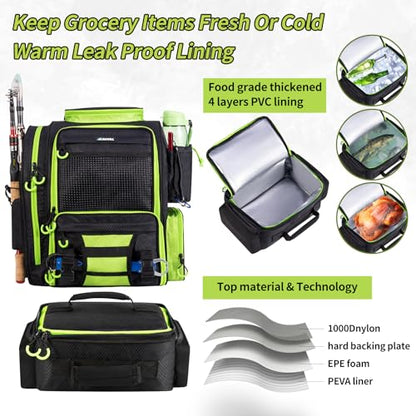 BLISSWILL Large Fishing Backpack with Cooler for 3 Tackle Boxes - Fishing Bag with Rod Holders for Camping and Hiking - color: Black