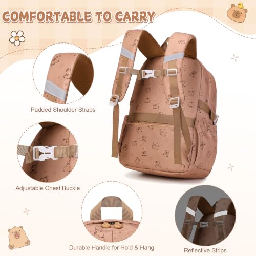 Capybara Theme Backpack for School Girls, 35PCS Kids Backpack Set with School Supplies Stationery Kit Lunch Box Pencil Case, Cute Girls Bookbag for Kindergarten Elementary Student - color: Brown