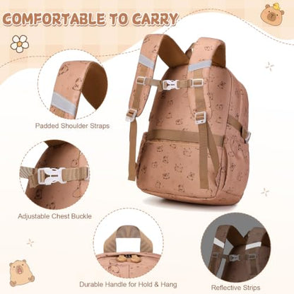 Capybara Theme Backpack for School Girls, 35PCS Kids Backpack Set with School Supplies Stationery Kit Lunch Box Pencil Case, Cute Girls Bookbag for Kindergarten Elementary Student - color: Brown