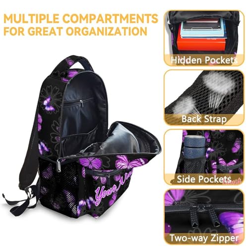 Personalized Girls Butterfly Backpack with Lunch Box - Set of 3 Custom School Backpacks Matching Combo - Fashion Black Bookbag and Pencil Case Bundle - color: Butterfly 2-2-1