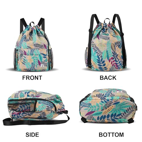 Drawstring Backpack with Mesh Pockets String Gym Bag Sackpack Sandproof Water Resistant Beach Backpack for Men Women - color: Gray Leaves