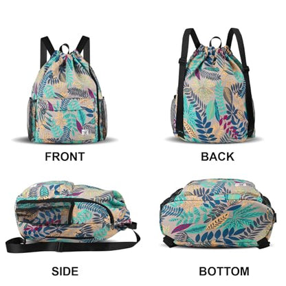 Drawstring Backpack with Mesh Pockets String Gym Bag Sackpack Sandproof Water Resistant Beach Backpack for Men Women - color: Gray Leaves
