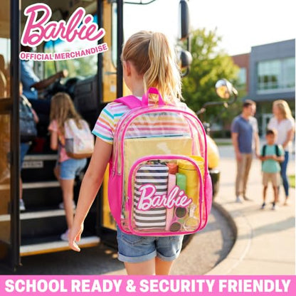 Get Trend Barbie Girls Clear Backpack, 17 inch Transparent School Bookbag, See Through Travel Bag with Straps, Gifts for Girls (Pink Barbie) - color: Pink Barbie