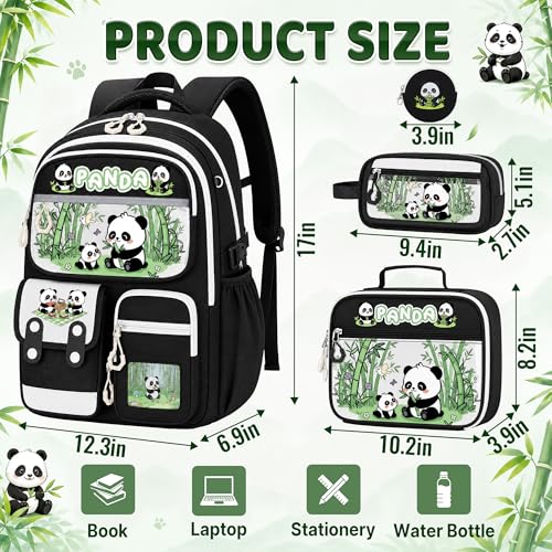 Panda Backpack for Girls, 4 PCS Girls Backpack with Lunch Box Set, Cute Kawaii Large Laptop Bookbag, School Bag for Elementary Kids & Teens - color: Panda