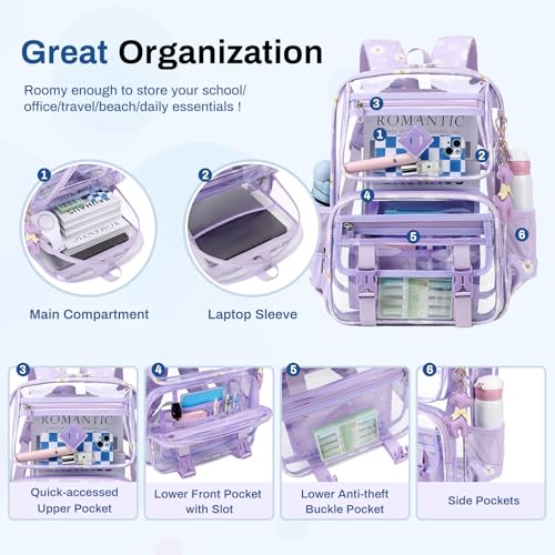 Sisipoet Clear Backpack for School, PVC Clear Bookbag Heavy Duty Transparent Backpack for Stadium Events See Through Bag - color: Purple Daisy
