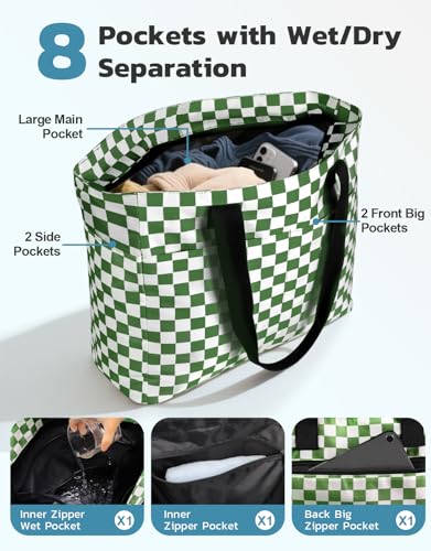 ISEYOU Beach Bag and Cooler Bag Set, 45L Waterproof XXL Foldable Tote with Zipper, 8 Pockets for Pool, Picnic, Travel - color: Green