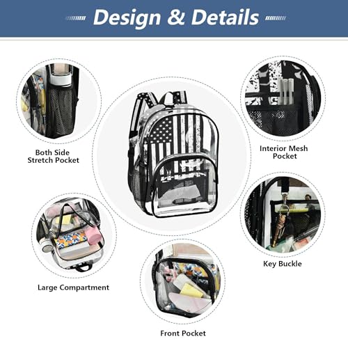 American Flag with Hockey Clear Backpack PVC Transparent School Backpack Lightweight Student Book Bags Capacity Clear Bag - color: Cerebral Grey